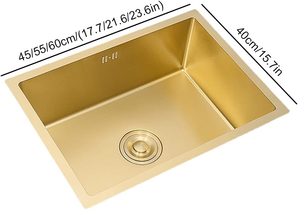 Kitchen Single Bowl Sink Counter Square Sink 304 Stainless Steel Bathroom Sink with Drain Pipe Drop-in Or Undermount (Gold 60×40cm)