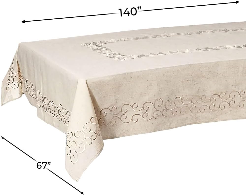 SARO LIFESTYLE Swirling Collection Design Tablecloth, 67' x 140', Natural