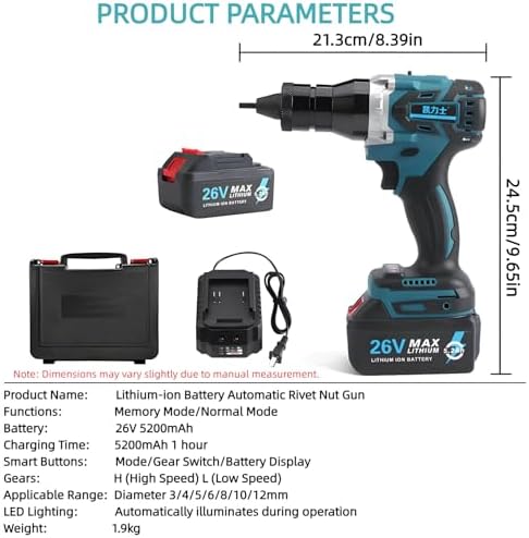 Cordless Electric Rivet Gun Set, 2-in-1 Automatic Riveter & Nut Tool, M3-M12 Battery-Powered Pop Rivet Installer, 2 Batteries (5200mAh + 2200mAh) for DIY & Professionals