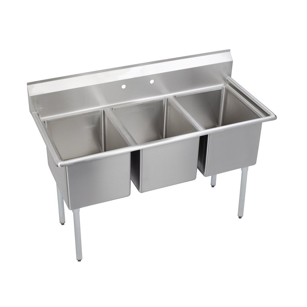Elkay Foodservice 3 Compartment Sink, 57'X25.75' OA, 36' Working Height, 16X20 Bowl, 14 Deep, 9.75' Backsplash, No Drainboards, 8' On Center Faucet Hole, Galvinized Legs, Adjustable Feet, 16 Gauge 300 Series Stainless Steel, NSF Certified