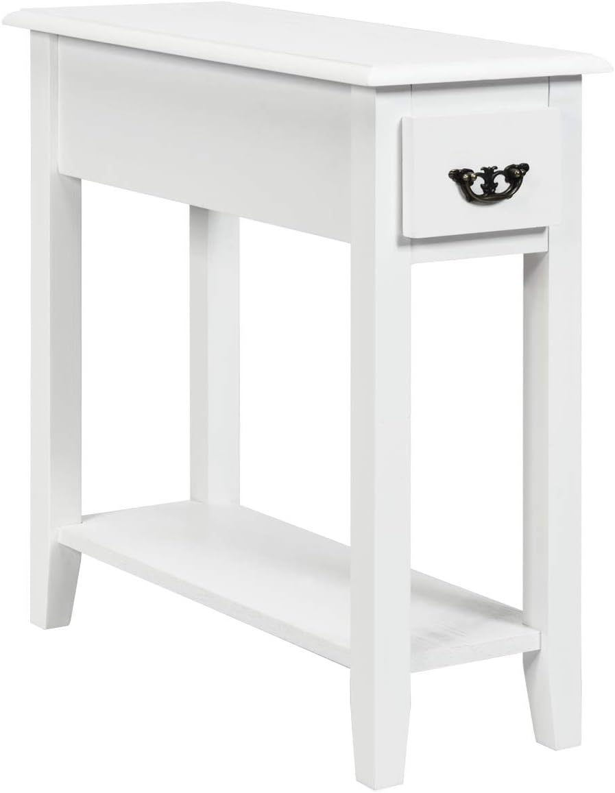 Tangkula Narrow End Table, Wood Small Side Table with Drawer & Open Shelf, Slim Nightstand for Small Spaces, Skinny Bedside Table for Living Room Bedroom, 9.8 x 23.6 x 23.6 Inches
