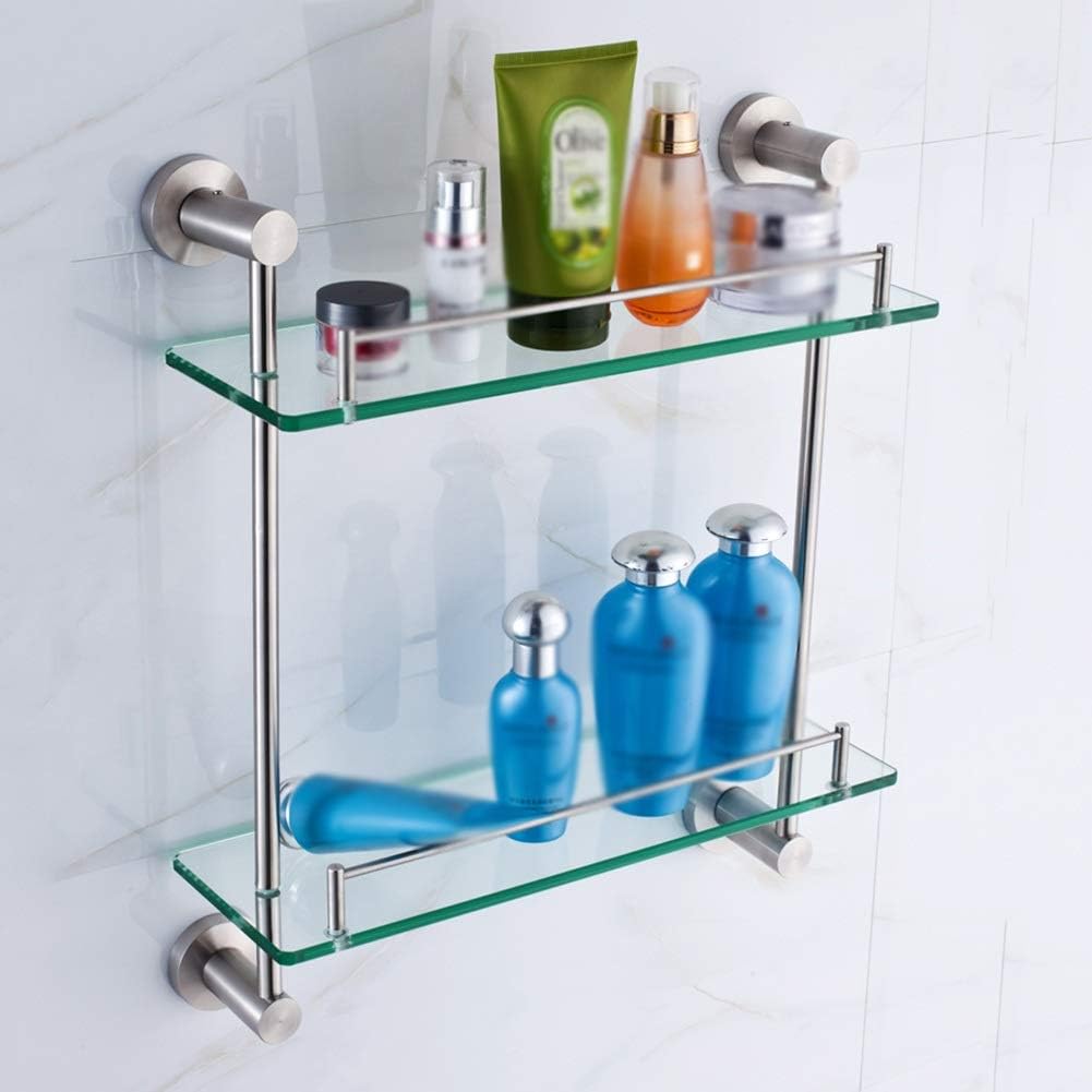 Shower Organiser Tempered Glass Stainless Steel 2 Tiers Guardrail Wall-Mounted Good Gloss (Color : Silver, Size : 39.5x13x42cm)