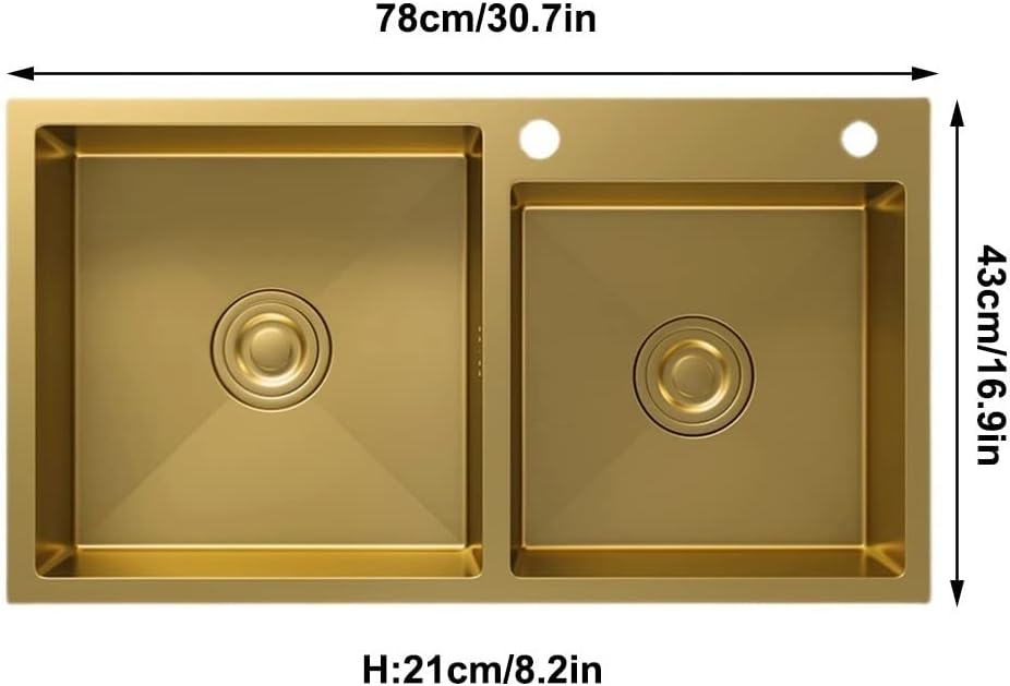 Large Gold Double Bowl Bar Prep Sink Home 304 Stainless Steel Kitchen Sink RV Sink Drop-in Or Undermount (Color : Gold-1, Size : 80x45x22cm) (Gold2 78x43x22cm)