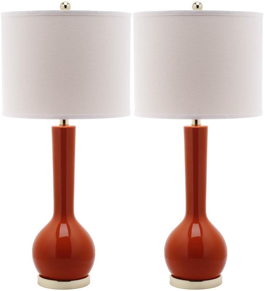 SAFAVIEH Lighting Collection Mae Long Neck Modern Contemporary Blood Orange Ceramic 31-inch Bedroom Living Room Home Office Desk Nightstand Table Lamp Set of 2 (LED Bulbs Included)