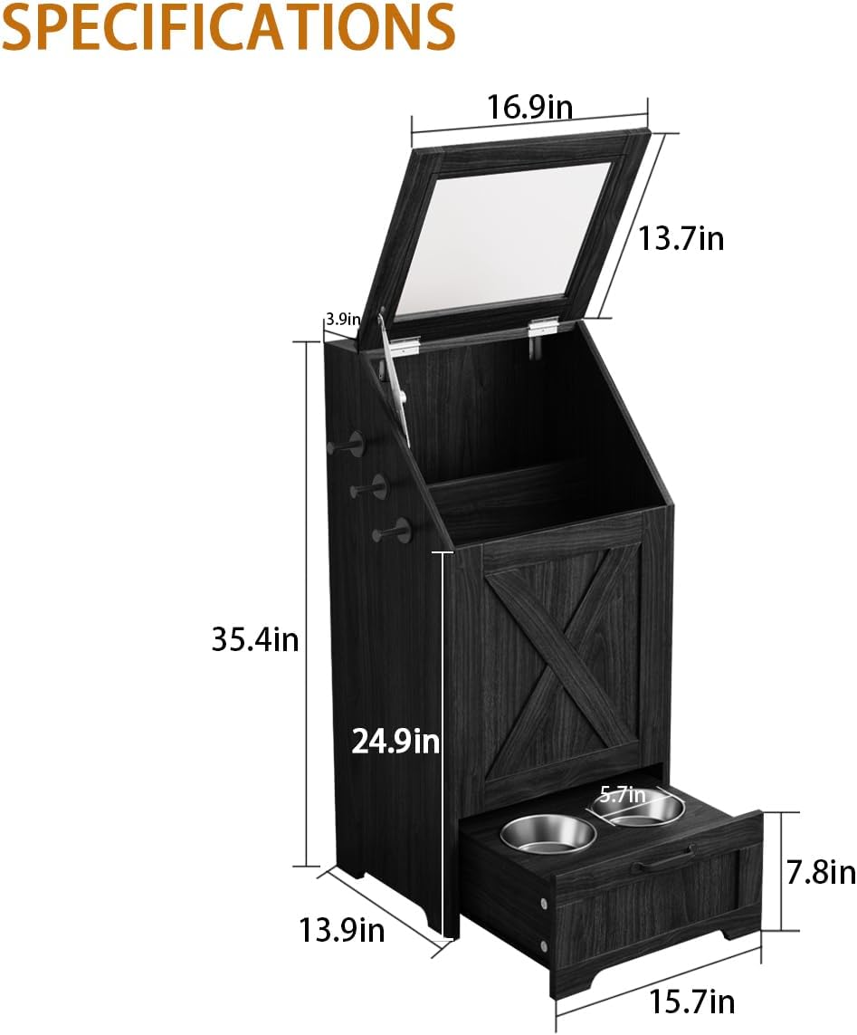 Dog Feeding Station with Storage,Wooden Pet Food Storage Cabinet,Equipped with 2 High Footed Bowls and 3 Hooks,Top Glass Flip Cover,Anti Tipping Device (Dog Feeding Station-Black)