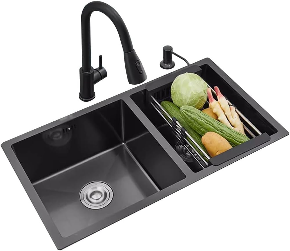 Kitchen Sinks, Single Bowl Embedded Siphon Sink Stainless Steel Kitchen Sink Large Capacity Double Bowl Sink Multifunctional Vegetable Sink (82 * 45 * 22Cm
