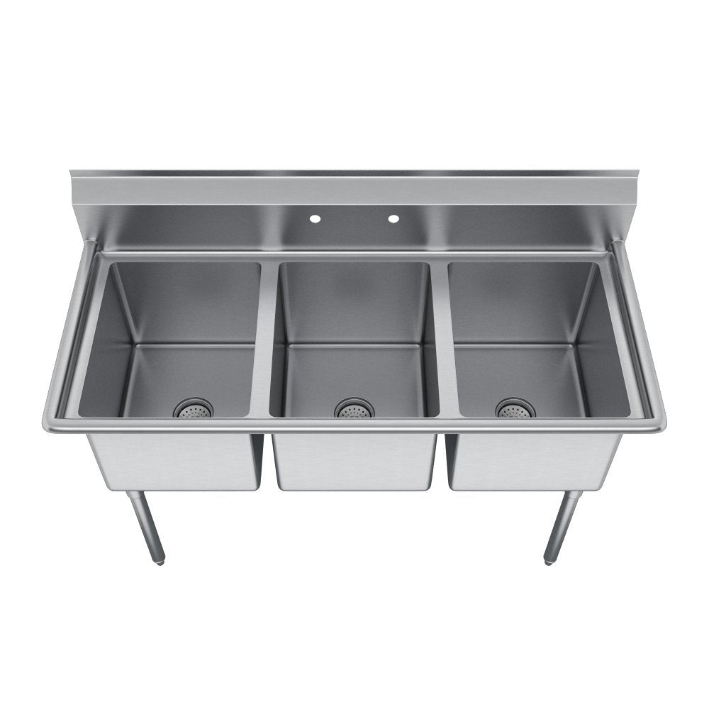 Elkay Foodservice 3 Compartment Sink, 45'X21.75' OA, 36' Working Height, 12X16 Bowl, 10 Deep, 10.75' Backsplash, No Drainboards, 8' On Center Faucet Hole, Galvinized Legs, Adjustable Feet, 16 Gauge 300 Series Stainless Steel, NSF Certified