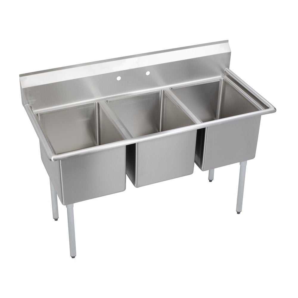 Elkay Foodservice 3 Compartment Sink, 81'X29.75' OA, 36' Working Height, 24X24 Bowl, 12 Deep, 10.75' Backsplash, No Drainboards, 8' On Center Faucet Hole, Galvinized Legs, Adjustable Feet, 16 Gauge 300 Series Stainless Steel, NSF Certified