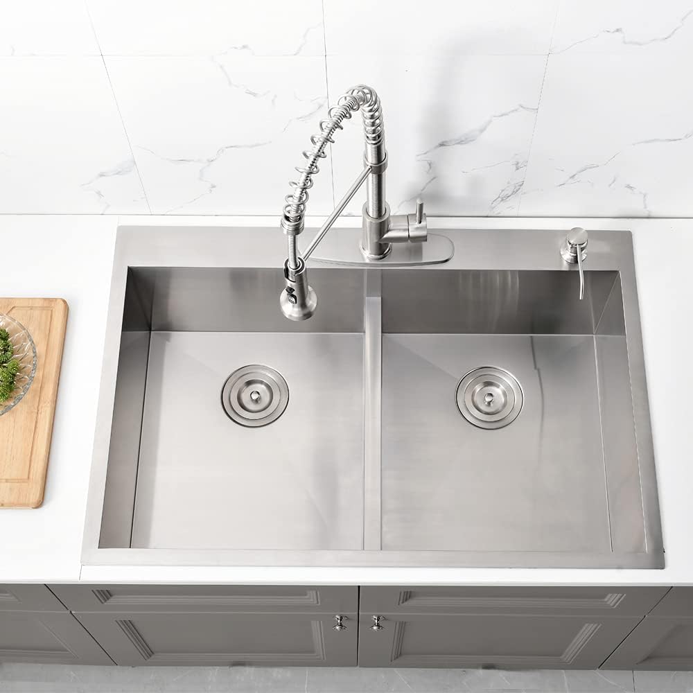 33 Inch Double Bowl Drop In Kitchen Sink-Bokaiya 33x22 Stainless Steel Drop-In Sink Kitchen Top Mount 16 Gauge Deep 50/50 Low-Divide Over Counter Double Bowl Kitchen Sink with Rack&Grid