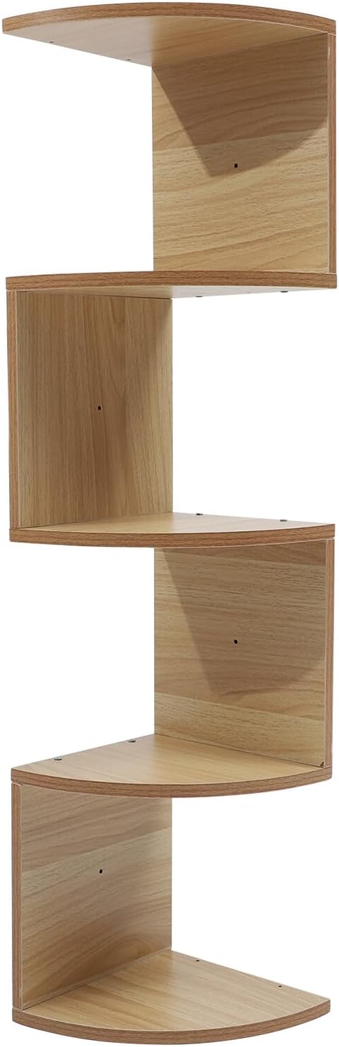 Wooden Wall-Mounted Rack 5-Tier Home Storage Shelf Light Walnut Floating Shelf Corner Design Decorative Holder for Living Room Kitchen Bathroom