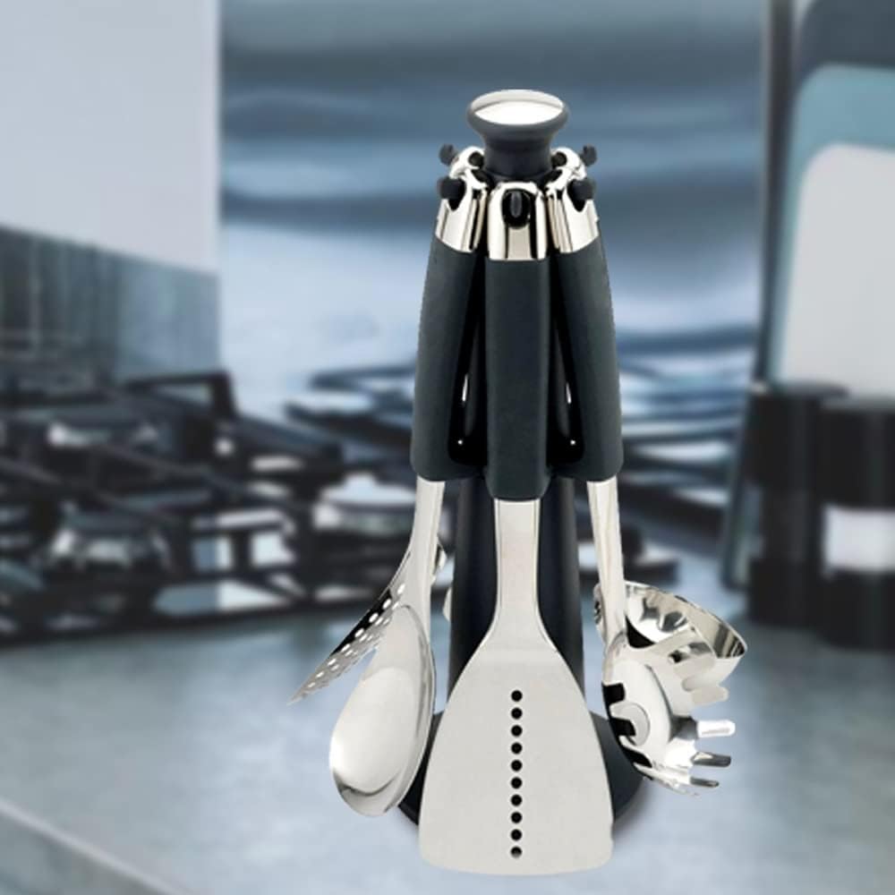 Kitchen Utensils Set, 6 PCS Stainless Steel Kitchen Utensils Set with 360° Rotating Stand, 520°F Heat Resistant Cooking Gadgets