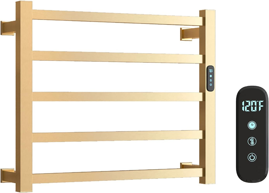 Luxury Heated Towel Rack Wall Mounted Towel Warmers, 5 Bars Towel Warmer Rack for Bathroom with Timer & Temperature Multi-Level Adjustable, Hardwired and Plug-in Compatible (Brushed Gold)