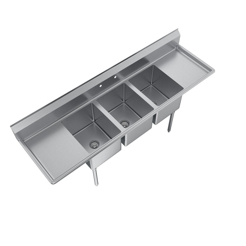 Elkay Foodservice 3 Compartment Sink, 104'X33.75' OA, 36' Working Height, 20X28 Bowl, 12 Deep, 10.75' Backsplash, Left & Right 20 Drainboards, 8' On Center Faucet Hole, Galvinized Legs, Adjustable Feet, 16 Gauge 300 Series Stainless Steel, NSF Certified