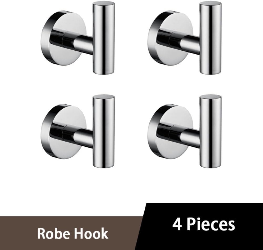 Bathroom Hardware Set Round Towel Bar Toilet Paper Holder Towel Ring Robe Hook Stainless Steel,Robe Hook 4 Piece