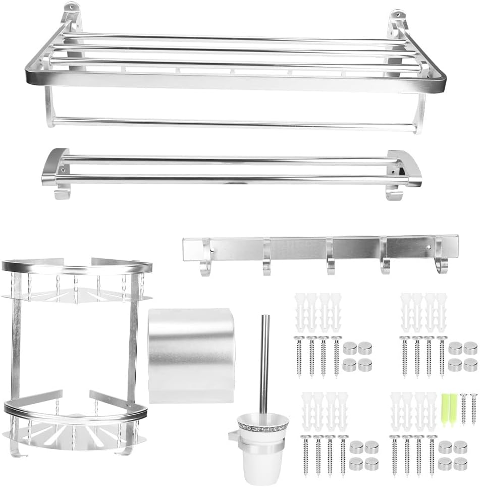 Floating Shelves Shower Caddy Bathroom Shelf Wall Mounted Bathroom Storage Shelf Set Triangle Corner Bracket Towel Bar Rack Roller Paper Holder Tissue Box Toilet Brush