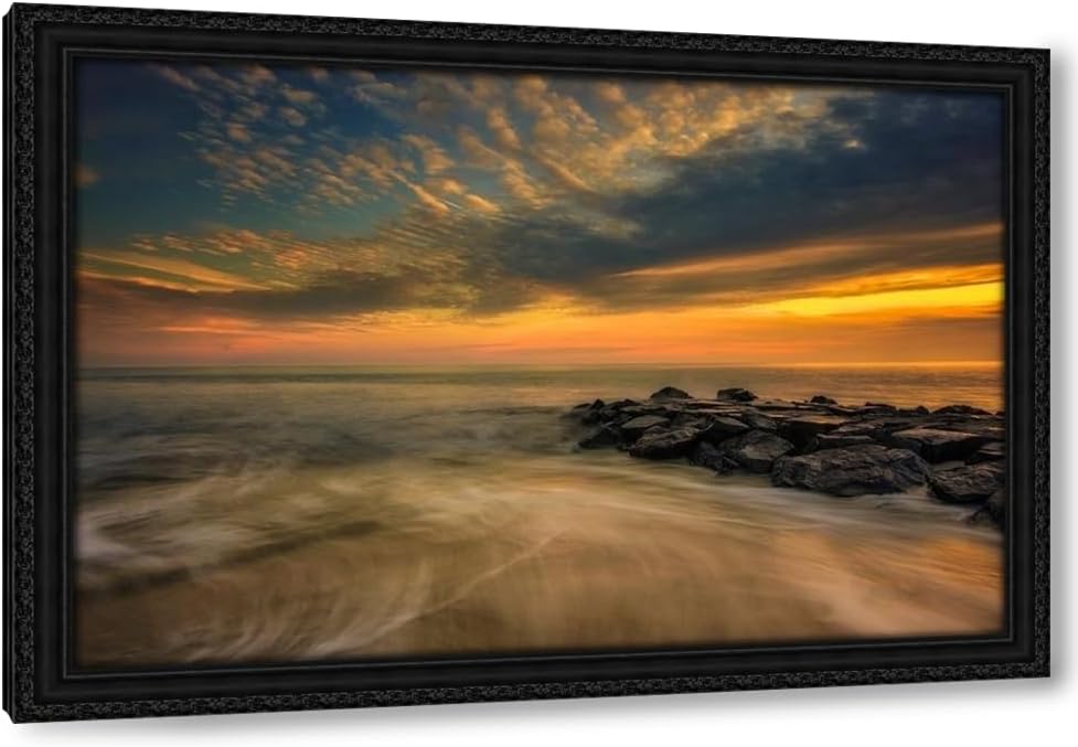 ArtDirect New Jersey-Cape May National Seashore Sunset on ocean and rocks 48x32 Huge Black Ornate Wood Framed Canvas Giclee Art by Jaynes Gallery
