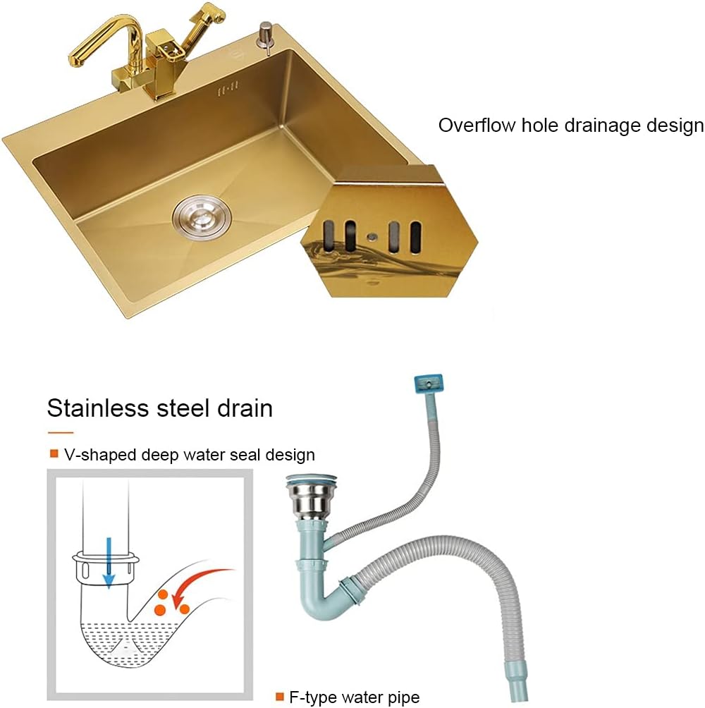 Generic Single Bowl Bar Sink Kitchen Single Bowl Sink with Drain Pipe Drop-in Or Undermount Suitable for Kitchen Courtyard Office Bar Laundry Sink (Color : Gold, Size : 75×45×21cm)