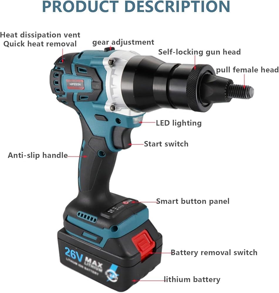2-in-1 Cordless Rivet Nut Gun Set,Portable Automatic Rivet Gun with M3/M4/M5/M6/M8/M10/M12 Battery Powered Pop Rivet Insert Installation Tool,2Battery-5200mAh (Size:5200mAh,Color:2Battery)