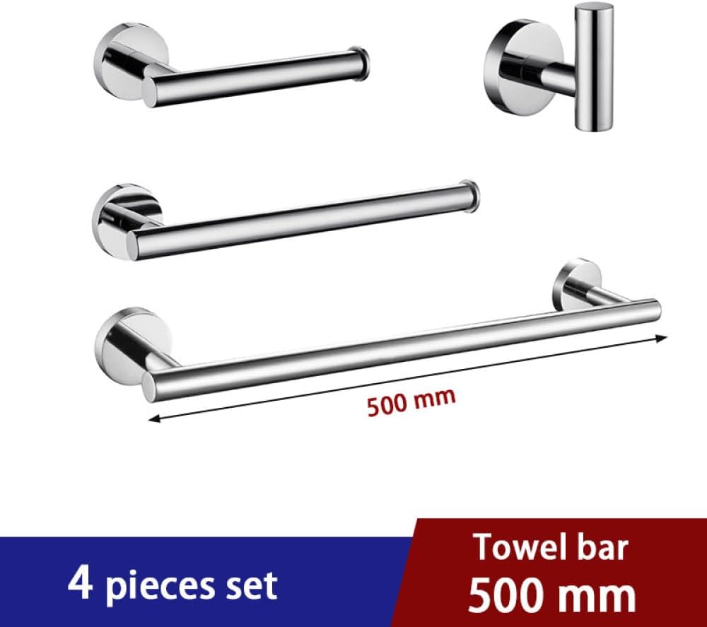 Bathroom Hardware Set Round Towel Bar Toilet Paper Holder Towel Ring Robe Hook Stainless Steel,4 Piece kit 50cm