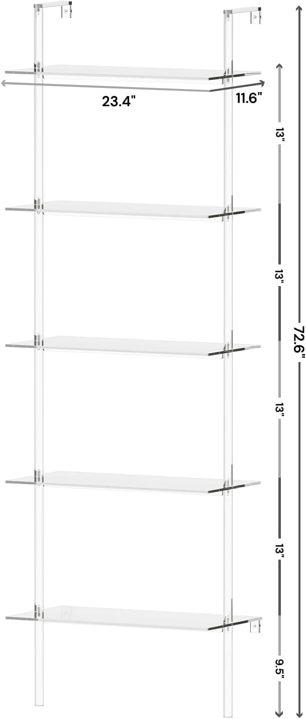 Acrylic Ladder Bookshelf, 5-Tier Clear Wall Mounted Bookshelf with Open Shelves, Multipurpose Bookcase for Living Room, Bathroom, Office, Modern, 11.6' D x 23.4' W x 72.6' H