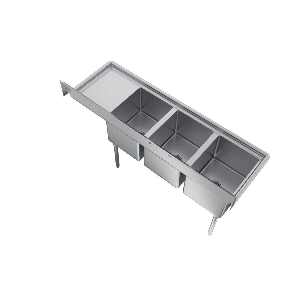 Elkay Foodservice 3 Compartment Sink, 78.5'X23.75' OA, 36' Working Height, 18X18 Bowl, 12 Deep, 10.75' Backsplash, Right 18' Drainboards, 8' On Center Faucet Hole, Galvinized Legs, Adjustable Feet, 16 Gauge 300 Series Stainless Steel, NSF Certified