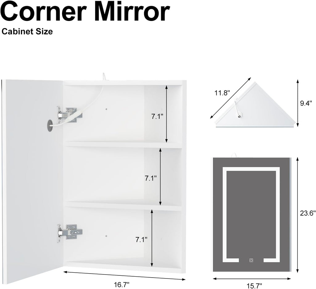 Corner Medicine Cabinet with Mirror,Lighted Medicine Cabinet with 2 Storage Shelf, 24' Bathroom Mirror Cabinet,Wall Mounted,Opens Right to Left,White,24' x16'