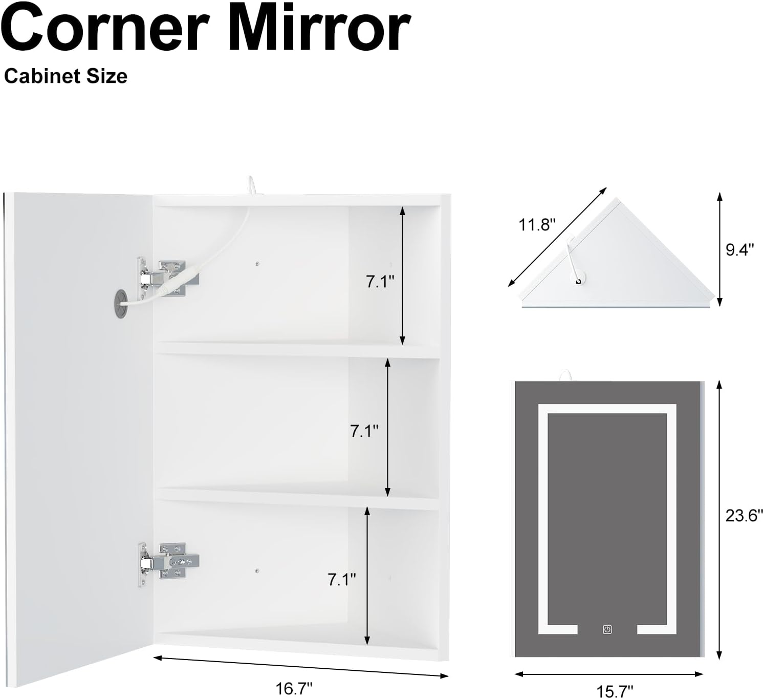 Corner Medicine Cabinet with Mirror,Lighted Medicine Cabinet with 2 Storage Shelf, 24' Bathroom Mirror Cabinet,Wall Mounted,Opens Right to Left,White,24' x16'