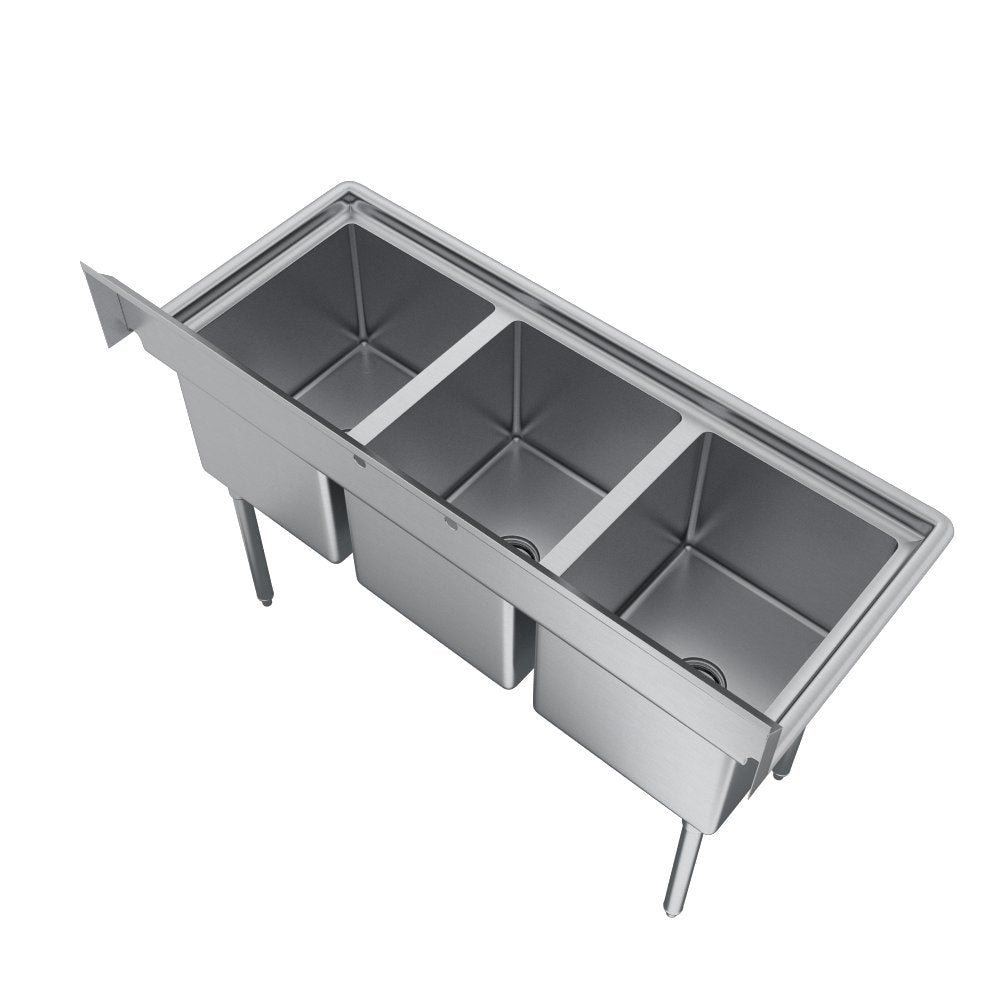 Elkay Foodservice 3 Compartment Sink, 45'X21.75' OA, 36' Working Height, 12X16 Bowl, 10 Deep, 10.75' Backsplash, No Drainboards, 8' On Center Faucet Hole, Galvinized Legs, Adjustable Feet, 16 Gauge 300 Series Stainless Steel, NSF Certified