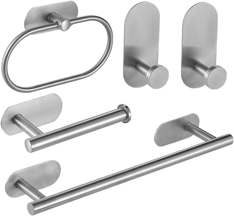 No Drilling Black Bathroom Accessories Sets Toilet Tissue Roll Paper Holder Towel Rack Bar Rail Ring Robe Clothes Hook Hardware,Brushed 5PCS Sets