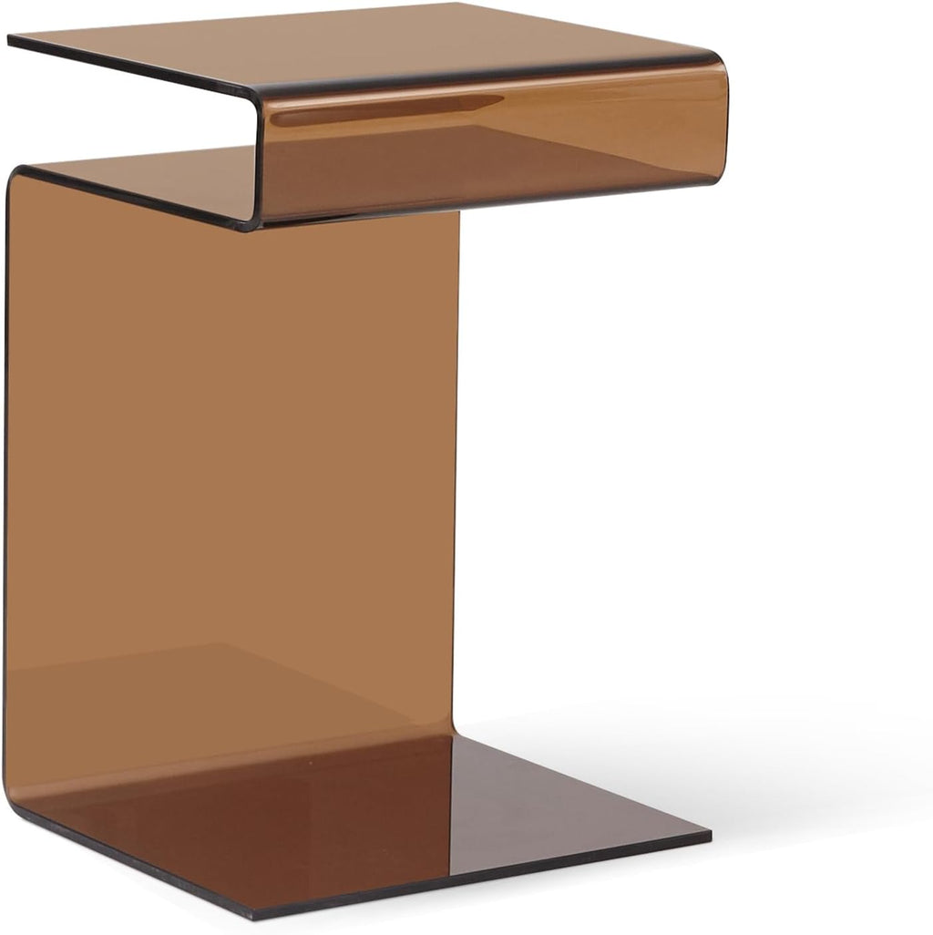 Glass Nightstand End Table, Amber Color S-Shape Bedside Tables, Modern Small Side Table for Living Room, Sofa Nightstand (Brown S-Shape)