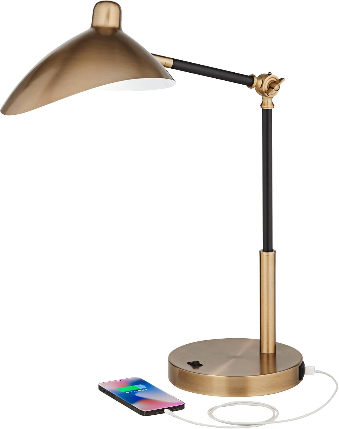 360 Lighting Colborne Mid Century Modern Industrial Desk Table Lamp LED with USB Charging Port 28' Tall Antique Brass Black for Living Room Bedroom House Bedside Nightstand Home Office