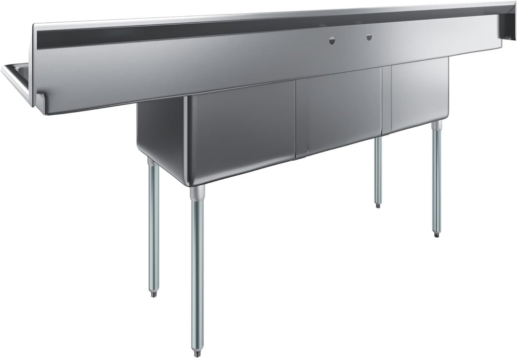Three Compartment Stainless Steel Commercial Kitchen Prep & Utility Sink | Bowl Size 18' x 18' X 12' | NSF Certified (Left and Right Drainboards)