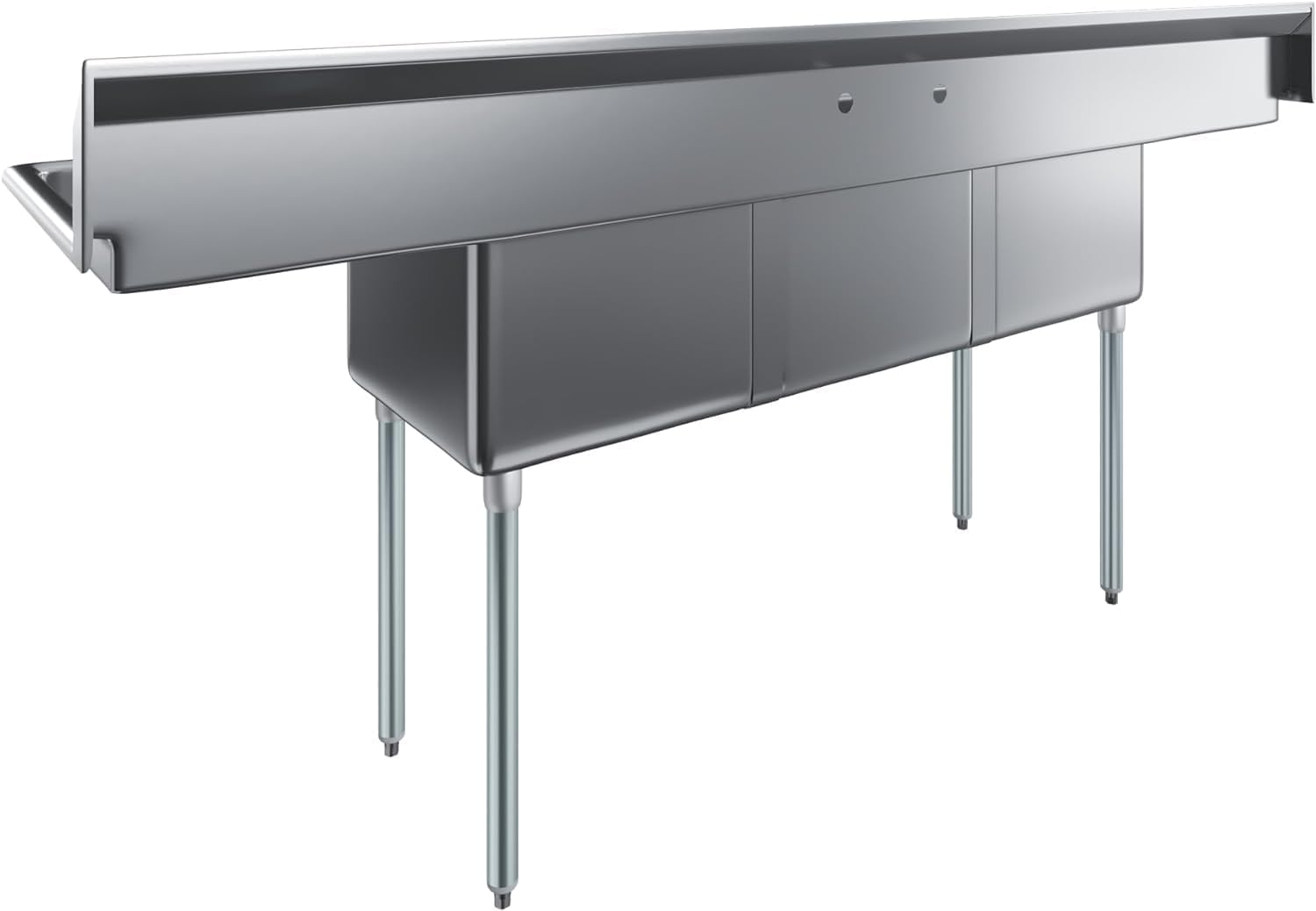 Three Compartment Stainless Steel Commercial Kitchen Prep & Utility Sink | Bowl Size 18' x 18' X 12' | NSF Certified (Left and Right Drainboards)