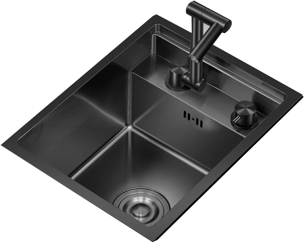 Kitchen Sinks, Single Bowl Stainless Steel Bar Sink Kitchen Concealed Single Bowl Sink Dish Basin Small Sink with Cover (Black-30 * 45 * 23Cm