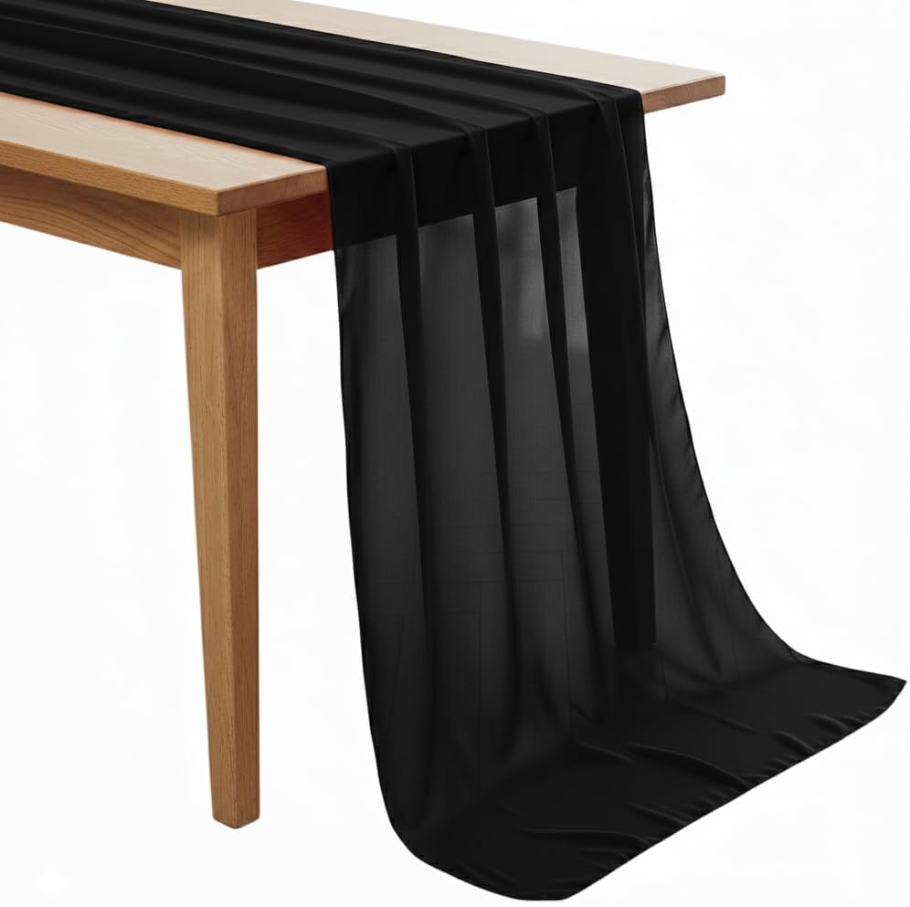 MDS Pack of 25 | Black |10ft Chiffon Table Runner 29x120 Inches Long Romantic Rustic Sheer Gauze Runner for Wedding Bridal Shower Birthday Banquets Engagement Spring Easter Boho Decorations