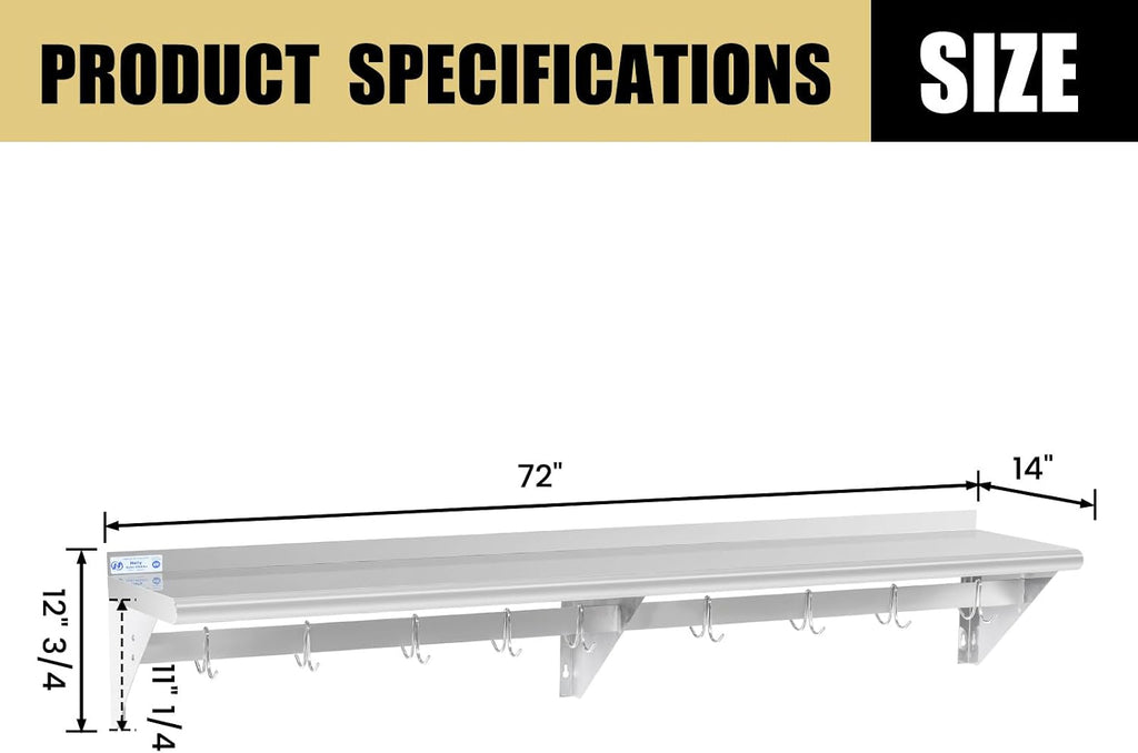 Hally Stainless Steel Shelf with 8 Hooks 14' x 72' Wall Mounted Pot Rack 400lb, NSF Commercial Floating Shelving for Storage Hanging Pots, Pans, cookware in Restaurant, Kitchen, Home and Hotel
