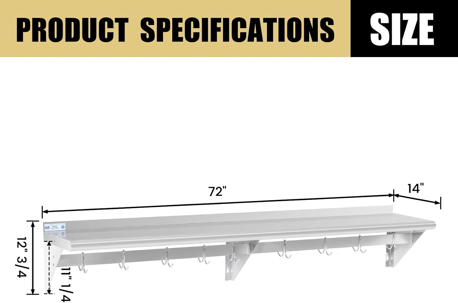 Hally Stainless Steel Shelf with 8 Hooks 14' x 72' Wall Mounted Pot Rack 400lb, NSF Commercial Floating Shelving for Storage Hanging Pots, Pans, cookware in Restaurant, Kitchen, Home and Hotel