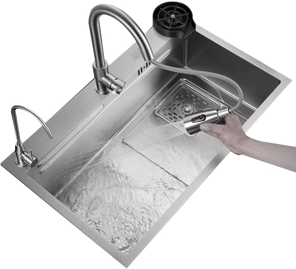 Kitchen Sinks, Single Bowl Vegetable Basin Single Bowl Sink Home Kitchen Stainless Steel Sink Double Steps Washisink Countertop Basin (68 * 45 * 22Cm