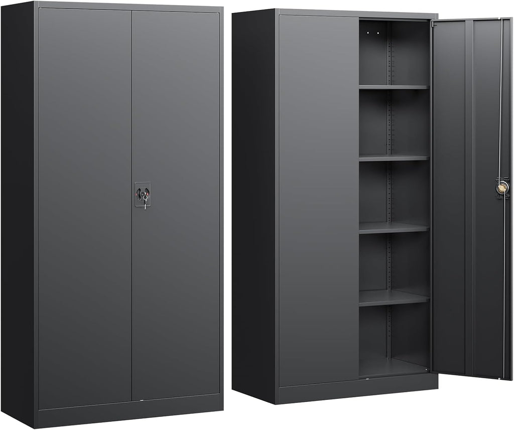 Yizosh Metal Garage Storage Cabinet with Lock, 71' Locking Tool Cabinet with 2 Doors and 4 Shelves, Tall Steel Cabinet for Garage, Heavy Duty File Cabinet for Office, School (Black)