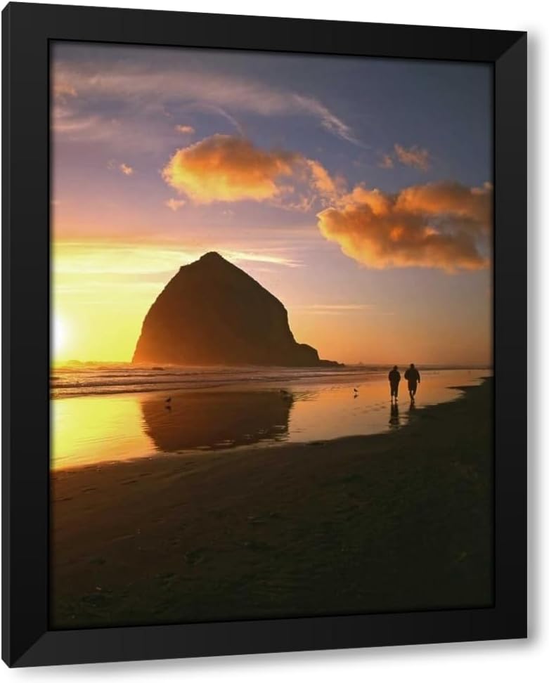 ArtDirect OR, Cannon Beach Couple by Haystack Rock, sunset 36x48 Huge Black Modern Wood Framed Canvas Giclee Art by Terrill, Steve