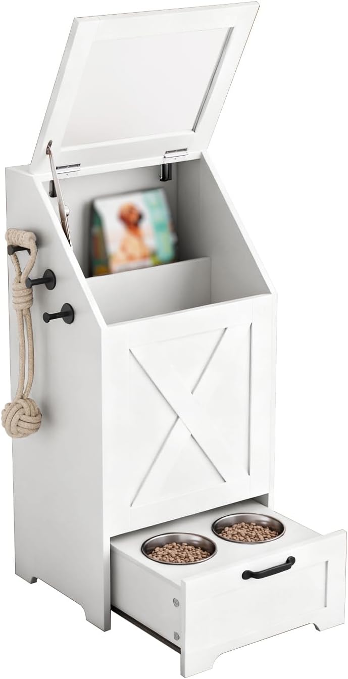 Dog Feeding Station with Storage,Wooden Pet Food Storage Cabinet,Equipped with 2 High Footed Bowls and 3 Hooks,Top Glass Flip Cover,Anti Tipping Device (Dog Feeding Station-White)
