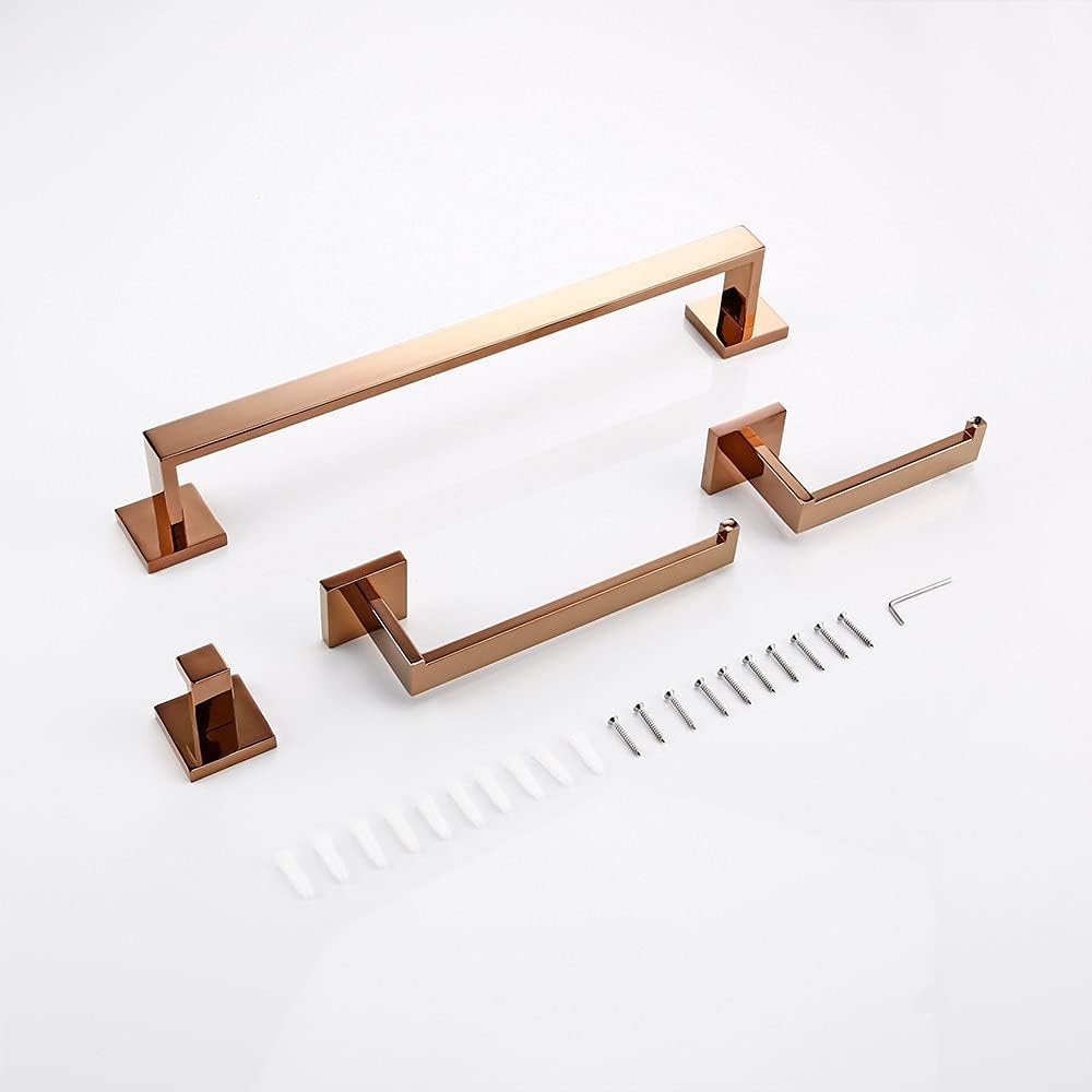 Rose Gold Bathroom Accessories Set Wall Mount Shelf Toilet Bath Hardware Paper Holder Towel Bar Rack Rail Rod Robe Hook Hanger,4 Piece Set