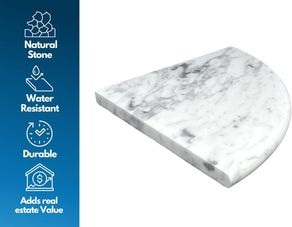 18 Inch Italian White Carrara Marble Corner Shower Seat Bathroom Caddy, Wall Mounted Shower Shelf, Classic Flatback Design