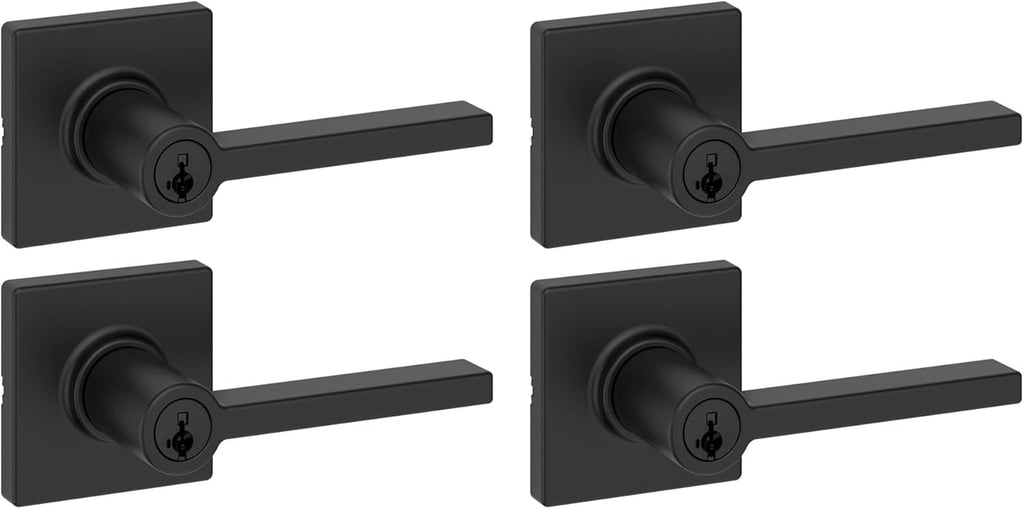 Kwikset Casey Entry Door Handle with Lock and Key, Secure Keyed Reversible Lever Exterior, for Front Entrance and Bedrooms, Matte Black, 4 Pack, Pick Resistant SmartKey Rekey Security and Microban