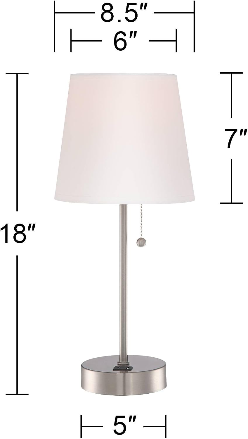 360 Lighting Justin Modern Accent 3-Way Table Lamps 18' High Set of 2 with USB Charging Port and Table Top Dimmers Silver Metal White Fabric Empire Shade for Bedroom House Bedside Home
