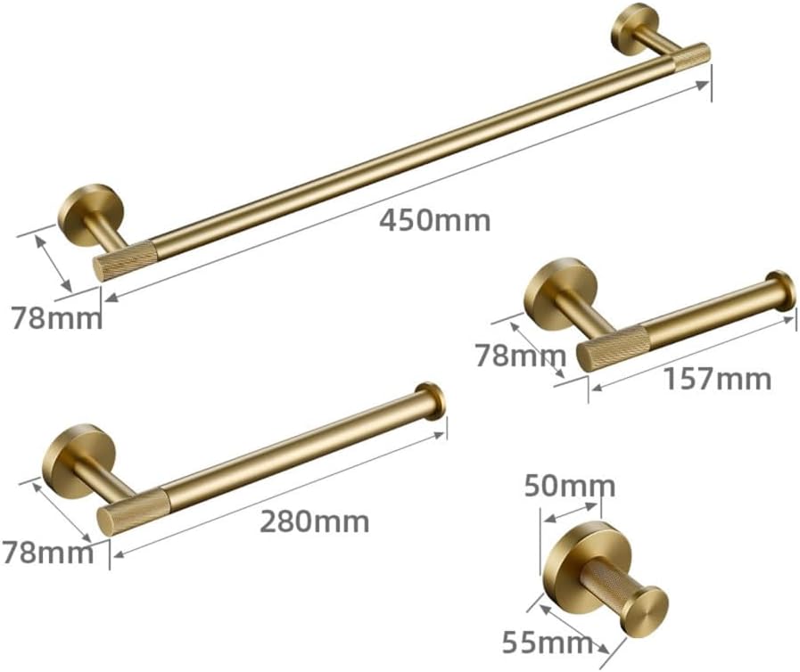 Gold Bathroom Hardware Accessories Set with Knurled Brass Finish Includes Towel Bar Towel Ring Robe Hook Paper Holder and Toilet Brush Holder (Kit 45)