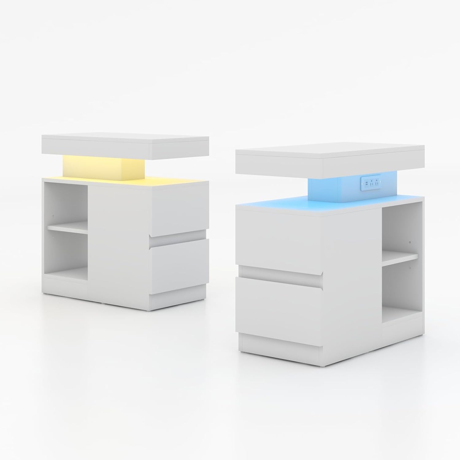 OC Orange-Casual LED End Table with Power Outlet, High Glossy Sofa Side Table, Small Nightstand with Drawer and Storage Cabinet, Narrow Side Table with Charging Station for Living Room (2, White)