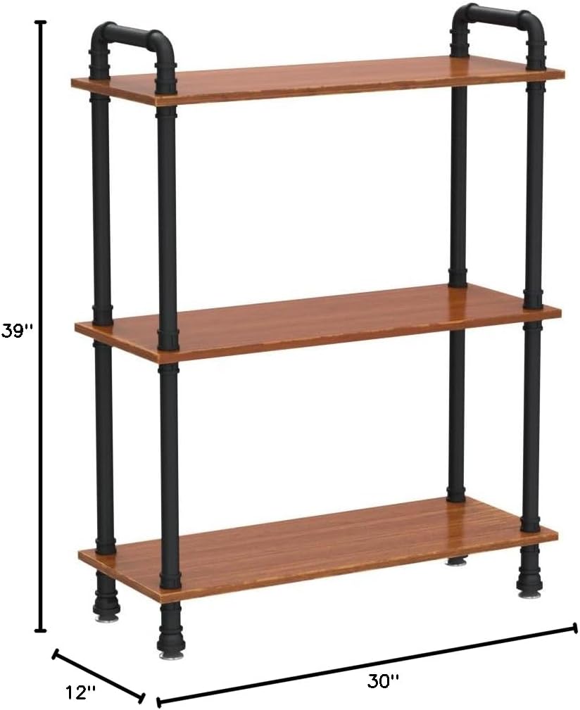 Industrial Bookshelf, Rustic Open Bookcase, 3 Tier Wood and Metal Bookshelves, Solid Pine Wood and Iron Pipe Storage Shelf Narrow Small Space Organizer for Living Room Office Bedroom Kitchen