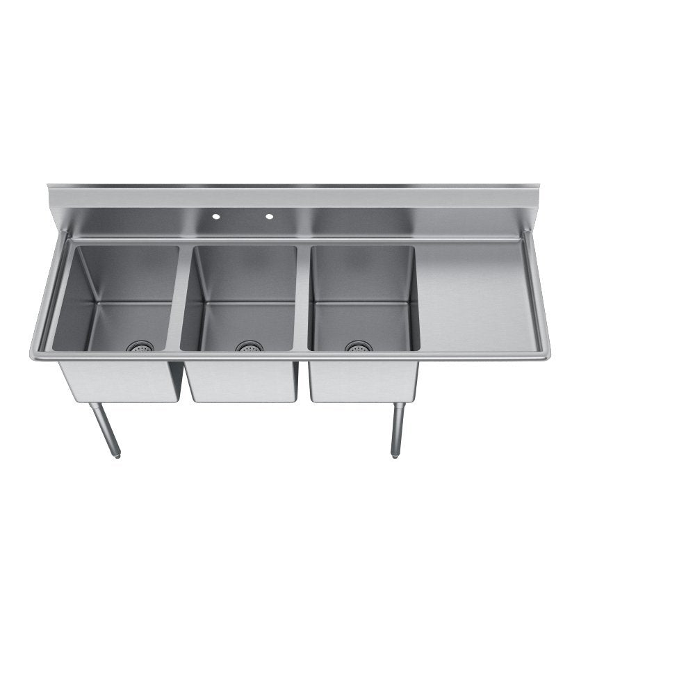 Elkay Foodservice 3 Compartment Sink, 78.5'X23.75' OA, 36' Working Height, 18X18 Bowl, 12 Deep, 10.75' Backsplash, Right 18' Drainboards, 8' On Center Faucet Hole, Galvinized Legs, Adjustable Feet, 16 Gauge 300 Series Stainless Steel, NSF Certified