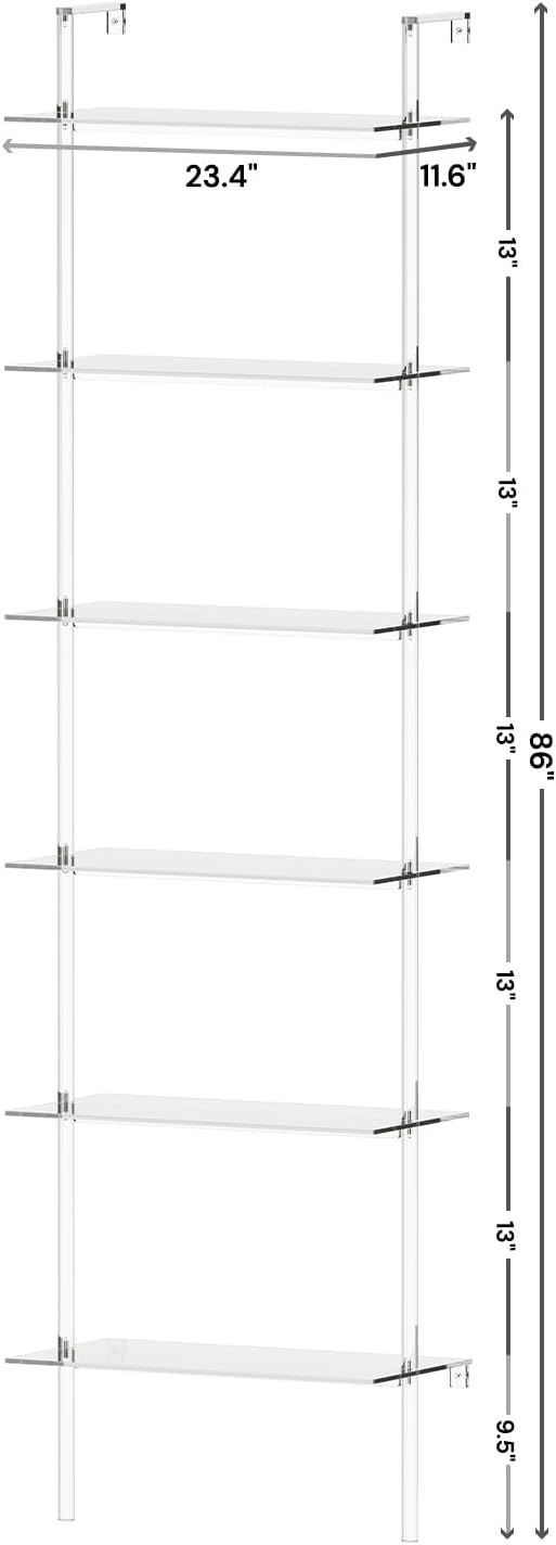 Acrylic Ladder Bookshelf, 6-Tier Clear Wall Mounted Bookshelf with Open Shelves, Multipurpose Bookcase for Living Room, Bathroom, Office, Modern, 11.6' D x 23.4' W x 86' H